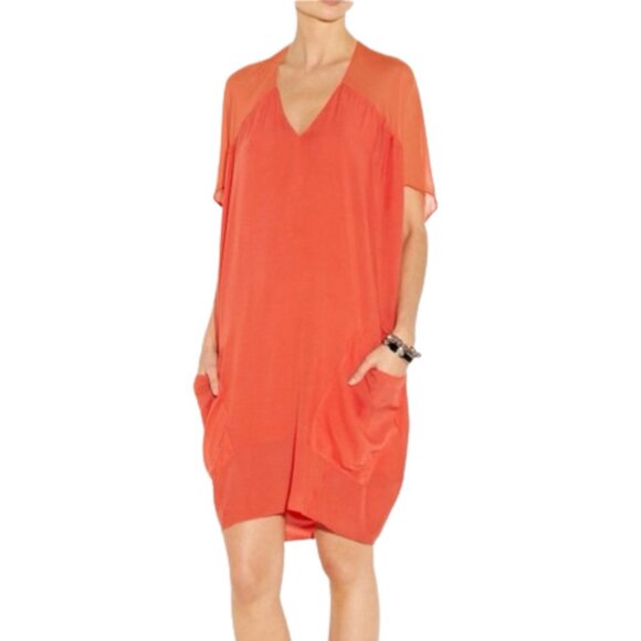 Helmut Lang Oasis Draped Voile Chiffon Dress in Anemone (Orange) - Picture 15 of 16